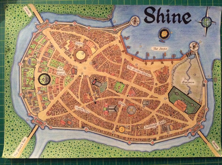 The Human Merchant city of Shine (DnD map). Drawn in crayon and pen/cil