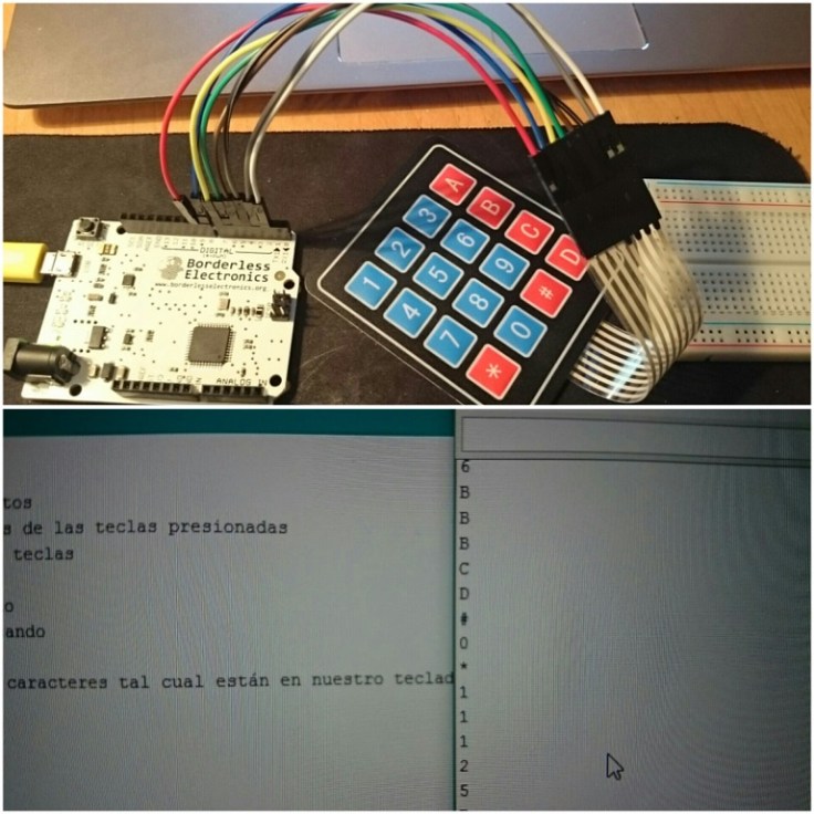 Lo mismo, haciendo funcionar un teclado matricial sobre la placa.